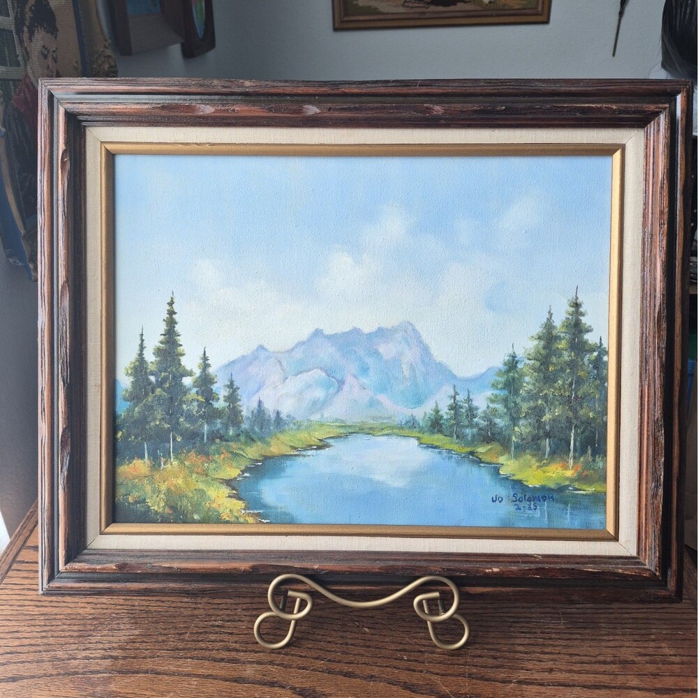 Vtg 85' Mountain Lake Landscape Painting On Canvas Signed Original 12x16" Framed